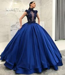 2020 Hot Dubai High-nek Quinceanera Jurken Kralen Applicaties Cap Mouw Satijn Baljurk Prom Jurken Royal Blue Avondjurk Vestidos de