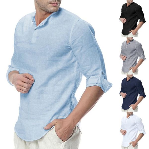 2020 chaud hommes coton lin Henley chemise 3/4 manches chemise décontracté respirant chemises mode été plage hauts