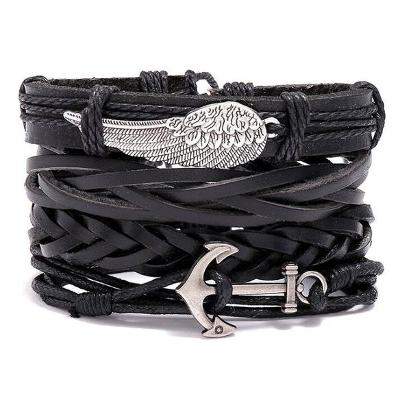 2020 offre spéciale 100% bracelet en cuir véritable bricolage plusieurs ailes flèche cire corde perles hommes combinaison costume Bracelet 4 styles/1 ensemble