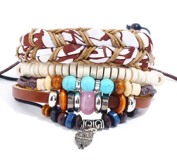 Gran oferta 2020, pulsera de cuero genuino de 100% DIY, colgante de búho múltiple, cuerda de cera, abalorios, combinación de pulsera para hombre, 3 estilos/1 Juego