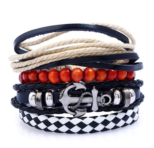 2020 gran oferta 100% pulsera de cuero genuino DIY cuerda de cera de ancla de barco múltiple pulsera de traje de combinación de abalorios para hombres 4 estilos/1 Juego