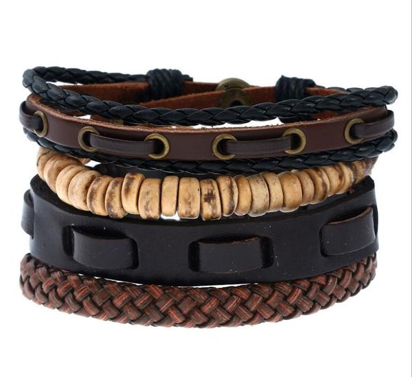 Gran oferta 2020, pulsera de piel de vaca, pulsera Retro punk, cuentas de madera, pulsera de cuero para hombre, tamaño ajustable, 4 estilos/1 Juego