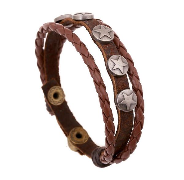 Bracelet multicouche en cuir véritable pour hommes, cinq étoiles, bouton-pression, taille 6mm x 22cm, offre spéciale, 2020