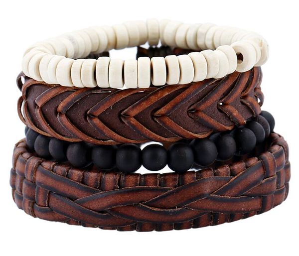 Bracelet en cuir véritable pour hommes, bricolage, PU rétro marron tressé, perle, combinaison de costume, 4styles/1 ensemble, offre spéciale, 2020