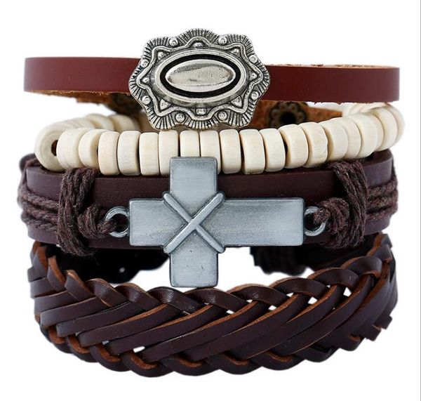 2020 vente chaude hommes bracelet en cuir véritable bricolage PU antique argent croix tresse perle Bracelet combinaison costume Bracelet 4 styles/1 ensemble
