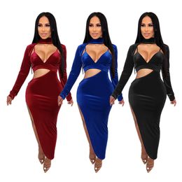 2020 Горячая Распродажа, сексуальное цельное платье с глубоким V-образным вырезом, вечернее платье, модное вечернее платье с высоким боковым разрезом, женское сплошное цветное длинное платье на бедрах, юбка 2571