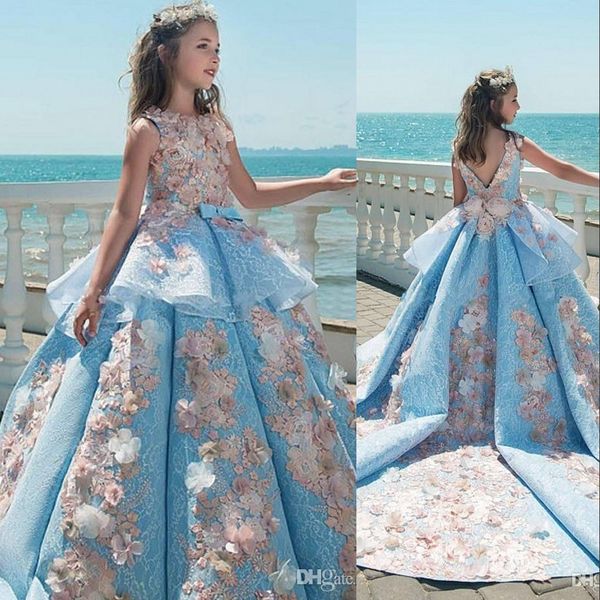 Vente chaude Ciel Bleu Fleur Filles Robes Dentelle 3D Floral Appliques Sans Manches Ceinture Arc Enfants Filles Pageant Robe Princesse Pas Cher Robes D'anniversaire