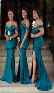 2020 chasseur vert épaule dénudée robes d'invité de mariage africain robes de demoiselle d'honneur sexy fente paillettes demoiselle d'honneur robes fête Forma7230366