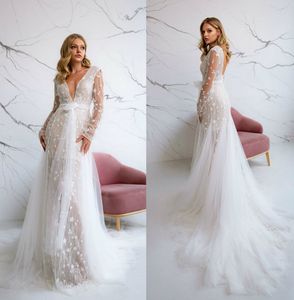 2020 Illusion vente chaude une ligne robes de mariée bijou manches longues dentelle appliquée paillettes robe de mariée sur mesure balayage train robe de mariée