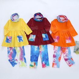 2020 ins tie dye baby outfits kinderen meisjes pocket jurk top + tie-geverfde broek met sjaal 3 stks / set lente herfst kinderkleding sets M2916