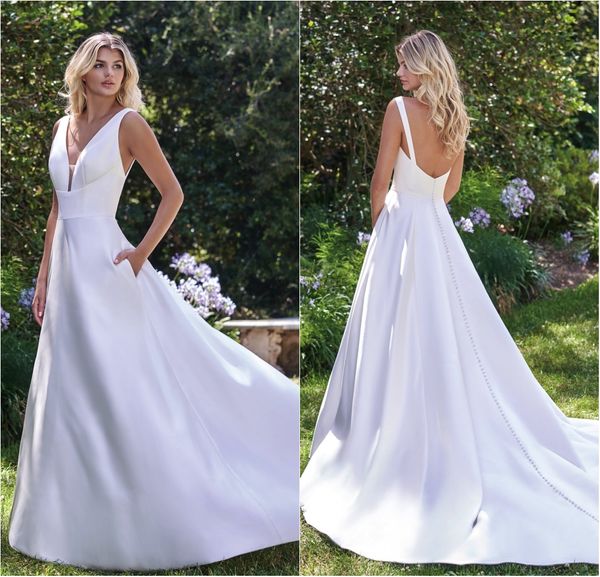 2020 jasmin Satin une ligne robes de mariée col en V profond sans manches robes de mariée simplement nouvelle mode robe de mariée