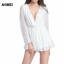 2020 Jumpsuit Diepe V-hals Wit Chiffon Girls Lange Sleee Playsuits Zomer Lolita Beachwear One Piece Bodysuit Rompertjes Overall T200704