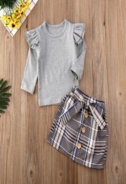 2020 Kids Baby Girl Autumn Winter Cleren Sets Solid Flysleeve pullover tops Plaid Bowknot Skirts Outfit Set2041815