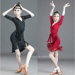 2020 dzieci dziewczynek sukienka do tańca latynoskiego sukienki na konkurs tańca towarzyskiego bandaż Tassel bez rękawów dekolt w serek Fancy Salsa Costume299u