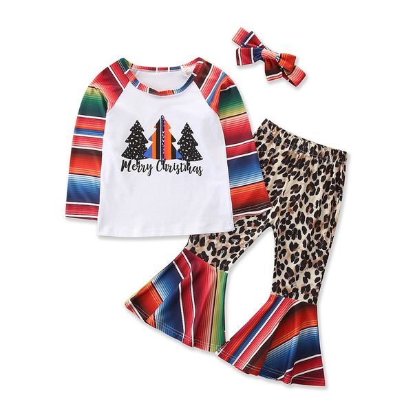 Conjunto de ropa de Navidad para niños pequeños, ropa para niñas pequeñas, ropa con estampado de leopardo, camisetas de manga larga, pantalones acampanados, conjunto