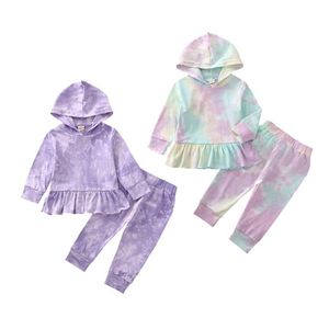 2020 Kinderkleding Sets Meisjes Lange Mouw Hooded Ruche Top + Tie Dye Broek 2 stks / sets Boutique Baby's Casual Clothes By1598