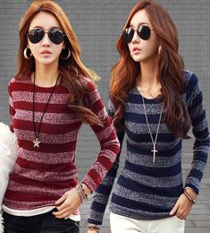2020 Coréen Fashion Femmes T-shirt Autumn Nouveaux arrivages en tricot en tricot rayé Vêtements à manches longues Oneck Tshirts 62733 Y200107163415