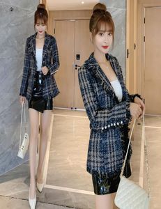 2020 Korean Fashion Women039s Draai kraag met lange mouwen Blue Plaid Pattern Medium Lange slanke Taille Tweed Wollen jas SMLXL8322273