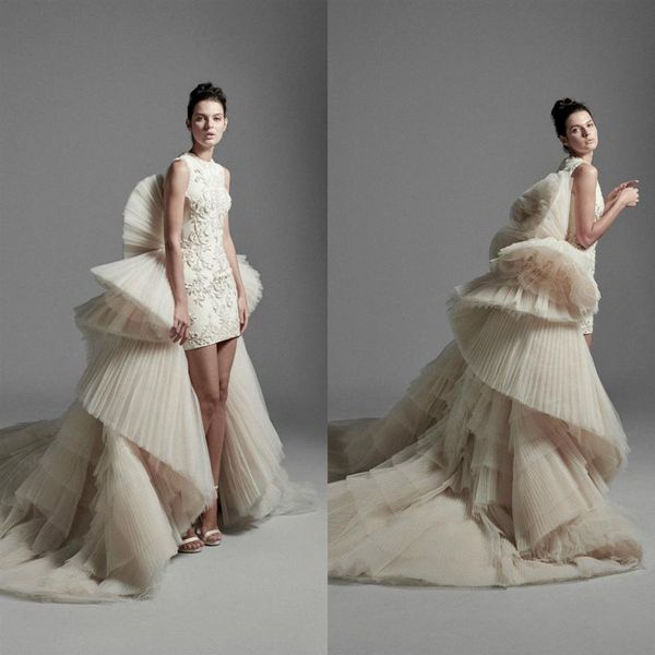 2020 Krikor Jabotian Robes De Mariée Avec Train Détachable Tulle Volants Jupes À Niveaux Haut Bas Robe De Mariée Sur Mesure Abiti Da283C