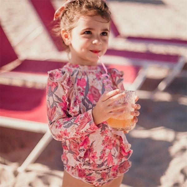 LM Marca Primavera Verano Niñas Una pieza Trajes de baño Conjuntos Niños Flor Impresión Playa Bikini Bebé Niño Moda Trajes de baño LJ201203