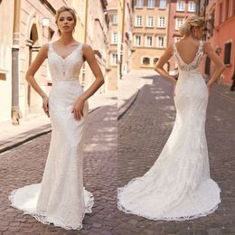 2020 dentelle sirène robes de mariée Sexy col en V Appliques robes de mariée dos nu balayage Train grande taille robe de mariée