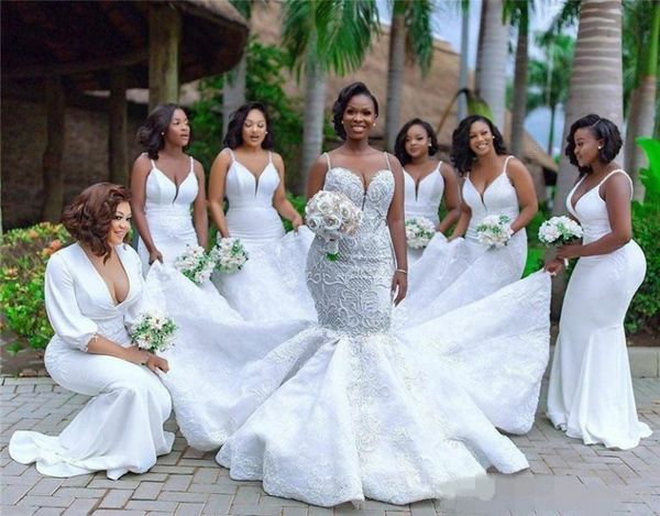 2020 dernières robes de demoiselle d'honneur africaines couleur blanche bretelles spaghetti sirène balayage train grande taille robes de demoiselle d'honneur