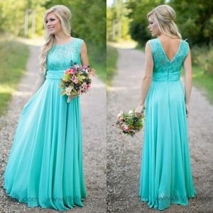 2020 Nieuwste turquoise bruidsmeisje jurk juweel nek glanzend lovertjes kanten top chiffon a-line mordern bruidsmeisje trouwjurken aangepast m 248J