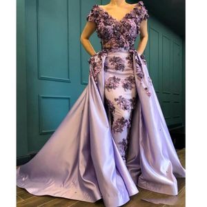 2020 Lavendel 3D Appliques Off Schouder Korte mouwen Satijnen avondjurken Glamoureuze Saoedische schede Prom feestjurken Custom 278Q