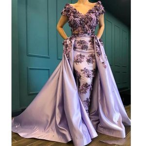 2020 Lavendel 3D Applicaties Off Shoulder Korte Mouwen Satijn Avondjurken Glamorous Saudi Schede Prom Partij Jassen Custom321u