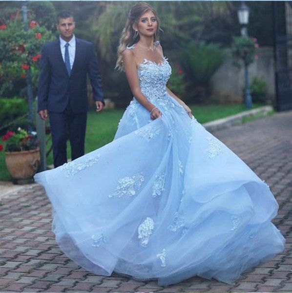 2020 bleu clair fait à la main fleurs robes de mariée africaines 3D Floral appliques perles pure décolleté robes de mariée robe de réception de mariage