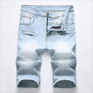 Pantalones vaqueros para hombre 2021 azul claro, pantalones cortos de mezclilla plisados de verano de alta calidad para hombre, pantalones vaqueros elásticos de algodón con cremallera informales