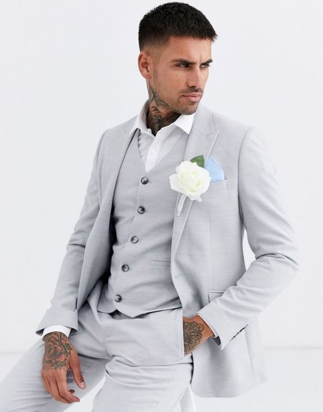 Tuxedos de marié trois pièces gris clair, revers cranté, Blazer à deux boutons pour hommes, costume de bal formel d'affaires (veste + pantalon + gilet)