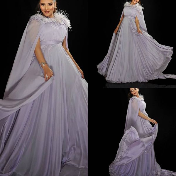 2020 robes de bal violet clair avec Cape une ligne volants plume fée robes de soirée sur mesure pas cher robe formelle tenue de soirée