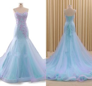 2020 Lilac Aqua Mermaid Prom Dresses Pearls Lace Applique Spaghetti Braps Lace-Up Elegang avondjurken Vestidos de festia formele kleding