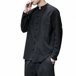 2020 chemises en lin hommes vêtements style chinois manches Lg rétro chemise boutonnée couleur unie col montant ample grande taille hauts i3W5 #