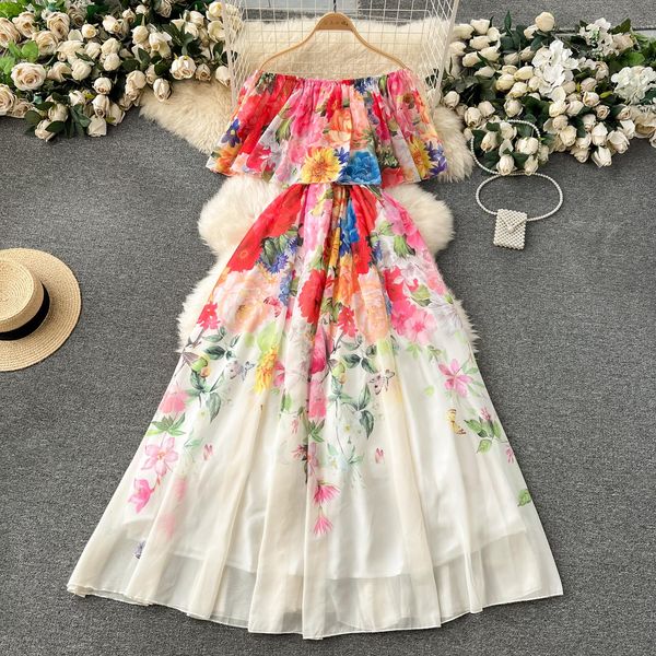 Robes décontractées 2024 Été Hors Épaule Magnifique Fleur Vacances En Mousseline De Soie Robe Fluide Ceinture Ceinture Élastique Taille Florale Imprimé Longue Robe