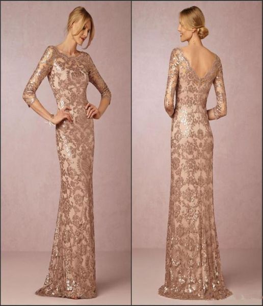 2020 manches longues en or rose mère de la mariée robes bateau cou vintage dentelle balayage train formelle soirée tenue de soirée sur mesure 5453680