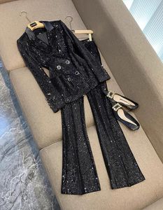 Spring Automne Black Sequins Pantalons en deux pièces Set à manches longues Blazers en lambeaux Notched Lapel Top + Pantalon Flare Pantal