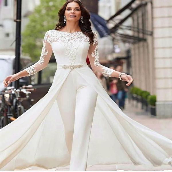 2020 manches longues blanc combinaisons robes de mariée dentelle en mousseline de soie satin surjupes perles cristaux robes de mariée pantalon robe robes De3067