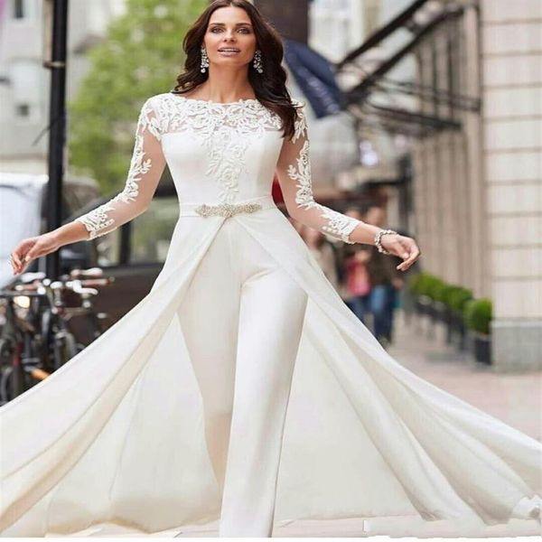 2020 manches longues blanc combinaisons robes de mariée dentelle mousseline de soie satin surjupes perles cristaux robes de mariée pantalon robe robes De273N