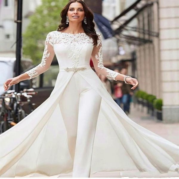 2020 manches longues blanc combinaisons robes de mariée dentelle en mousseline de soie satin surjupes perles cristaux robes de mariée pantalon robe robes De281I