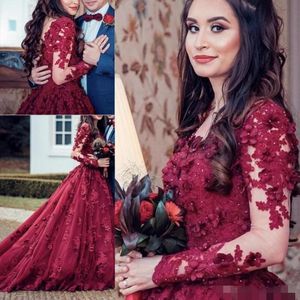 2020 manches longues robes de mariée bordeaux 3D floral applique tulle dentelle pure cou perlé illusion robe de mariée robe de novia