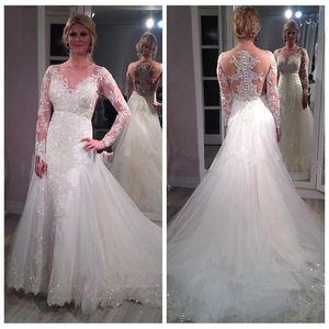 2020 manches longues robes de mariée sirène bijou cou illusion dentelle perlée applique balayage train sexy illusion dos plage robes de mariée de mariage