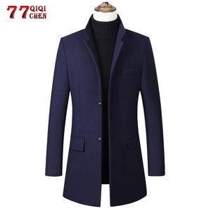 Herenwolmengsels 2021 Lange Jas Mannen Herfst Winter Casual Slim Fit Windjack Jas Enkele Breasted Trench Pea Woolen Overjas