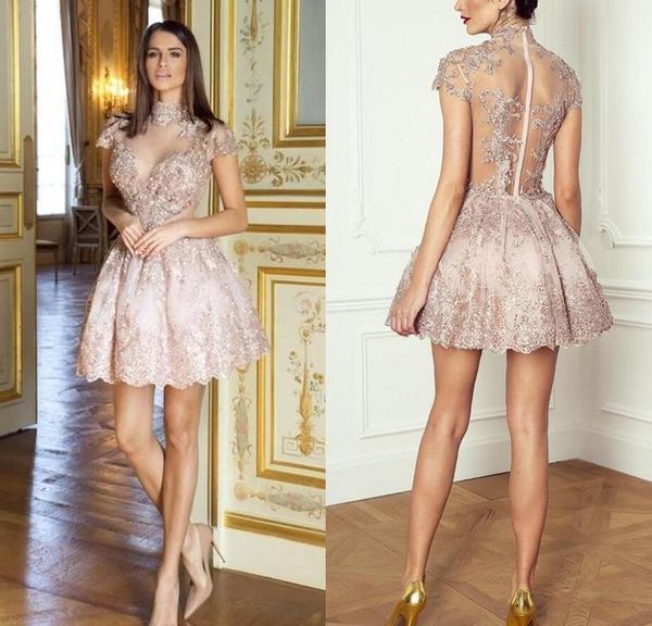 2020 belle robe de bal rose fard à joues robes de cocktail courtes col haut manches courtes avec perles de paillettes voir à travers les robes de bal du Moyen-Orient