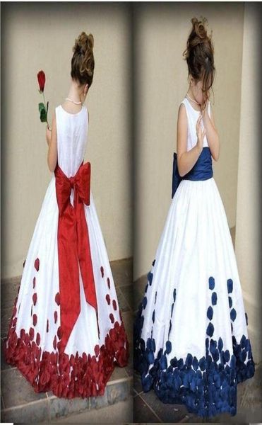 2020 Preciosos vestidos de niña de flores con nudo de lazo rojo y blanco Vestido de fiesta de tafetán rosa Jewelneckline Vestidos de fiesta para niña pequeña 5311118