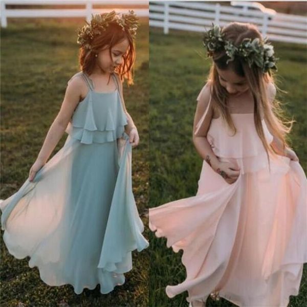 2022 Belle Juniors Robes de demoiselle d'honneur pour Boho Mariage Spaghetti Couches Jupe En Mousseline De Soie Robe De Fille De Fleur Beach Party Robes De Soirée Tout-petits