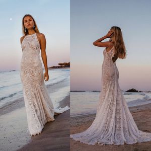 2020 Loverssociety Bohème Halter Creux Sans Manches Sirène Robes De Mariée En Dentelle Applique Robe De Mariée Balayage Train robe de mari￩e