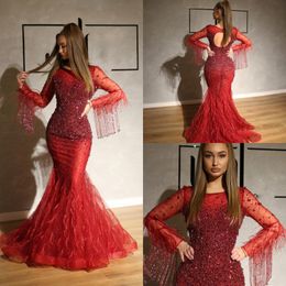 2020 Vestidos de noche lujosos Apliques de encaje Cuentas Pluma de cristal Sirena Vestidos de baile por encargo Tallas grandes Vestido para ocasiones especiales