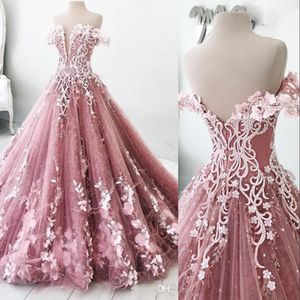 Baljurk Roze Prom Dresses Off Shoulder Feather Lace 3D Bloemen Applicaties Crystal Beaded Back With Rits Lange Avondjurk Partyjurken